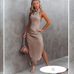 Vici Havyn Satin Asymmetrical Halter Midi Dress - Mocha